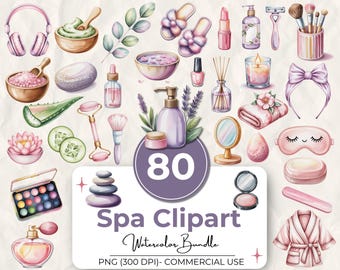 Pacchetto di 80 clipart ad acquerello per spa, simpatici PNG per la cura di sé e della pelle, illustrazioni per feste di compleanno in spa per ragazze, rosa pastello, viola, uso commerciale