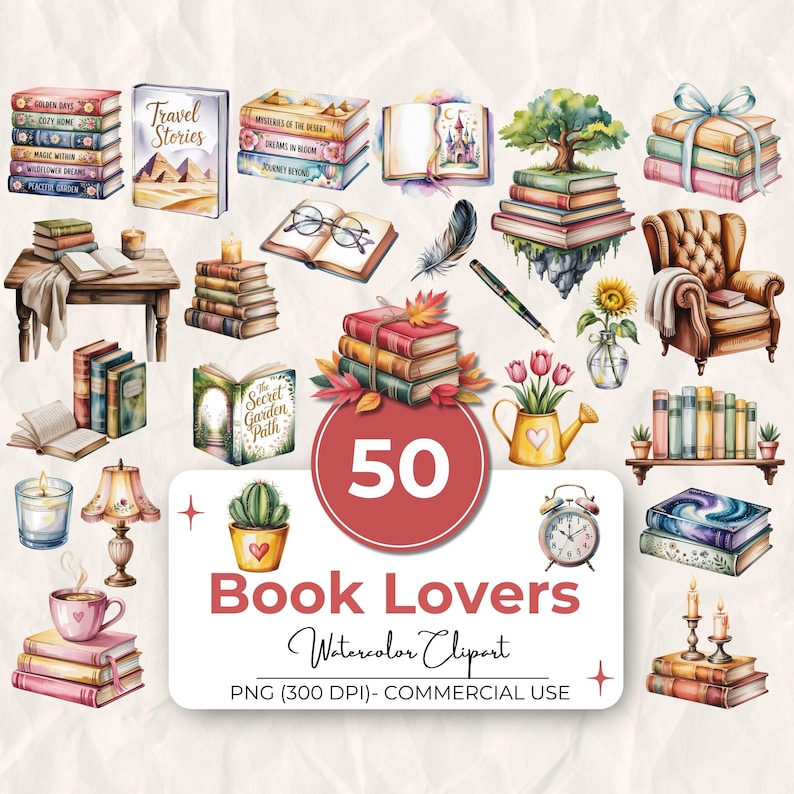 Puede incluir: Conjunto de im&aacute;genes predise&ntilde;adas de acuarela con varios libros, un sill&oacute;n acogedor y elementos decorativos. La imagen incluye montones de libros, libros abiertos y un gr&aacute;fico central con el texto "Book Lovers". La paleta de colores incluye pasteles suaves y tonos c&aacute;lidos.