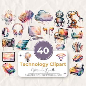 40 Technology Clipart Bundle, Watercolor Tech PNG, AI, Laptop, Headphones, Robot, Digital Devices Clipart, 300 DPI, Commercial Use