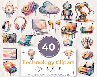 Pacchetto di 40 clipart tecnologiche, PNG ad acquerello, IA, laptop, cuffie, robot, clipart di dispositivi digitali, 300 DPI, uso commerciale