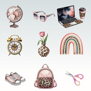 May include: Watercolor illustration of various objects with a leopard print theme. Includes a globe, sunglasses, laptop, coffee cup, alarm clock, vase with a tulip, rainbow, sneakers, backpack, and scissors. The color palette is soft and feminine.