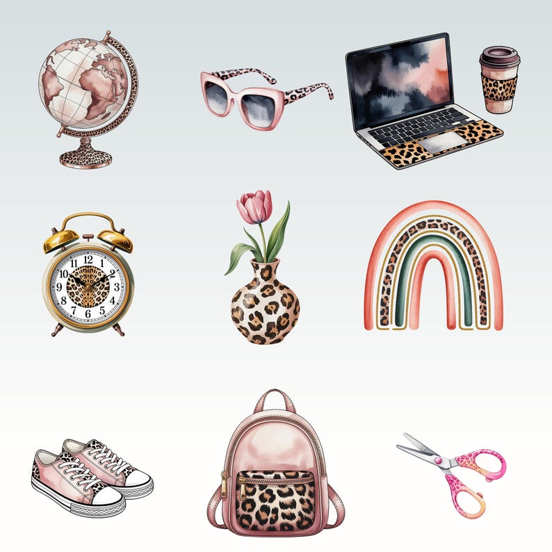 May include: Watercolor illustration of various objects with a leopard print theme. Includes a globe, sunglasses, laptop, coffee cup, alarm clock, vase with a tulip, rainbow, sneakers, backpack, and scissors. The color palette is soft and feminine.