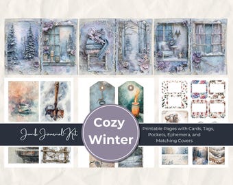 Kit per diario invernale accogliente / Pagine stampabili, biglietti, etichette, tasche e materiale effimero con motivi floreali acquerellati vintage / Download digitale