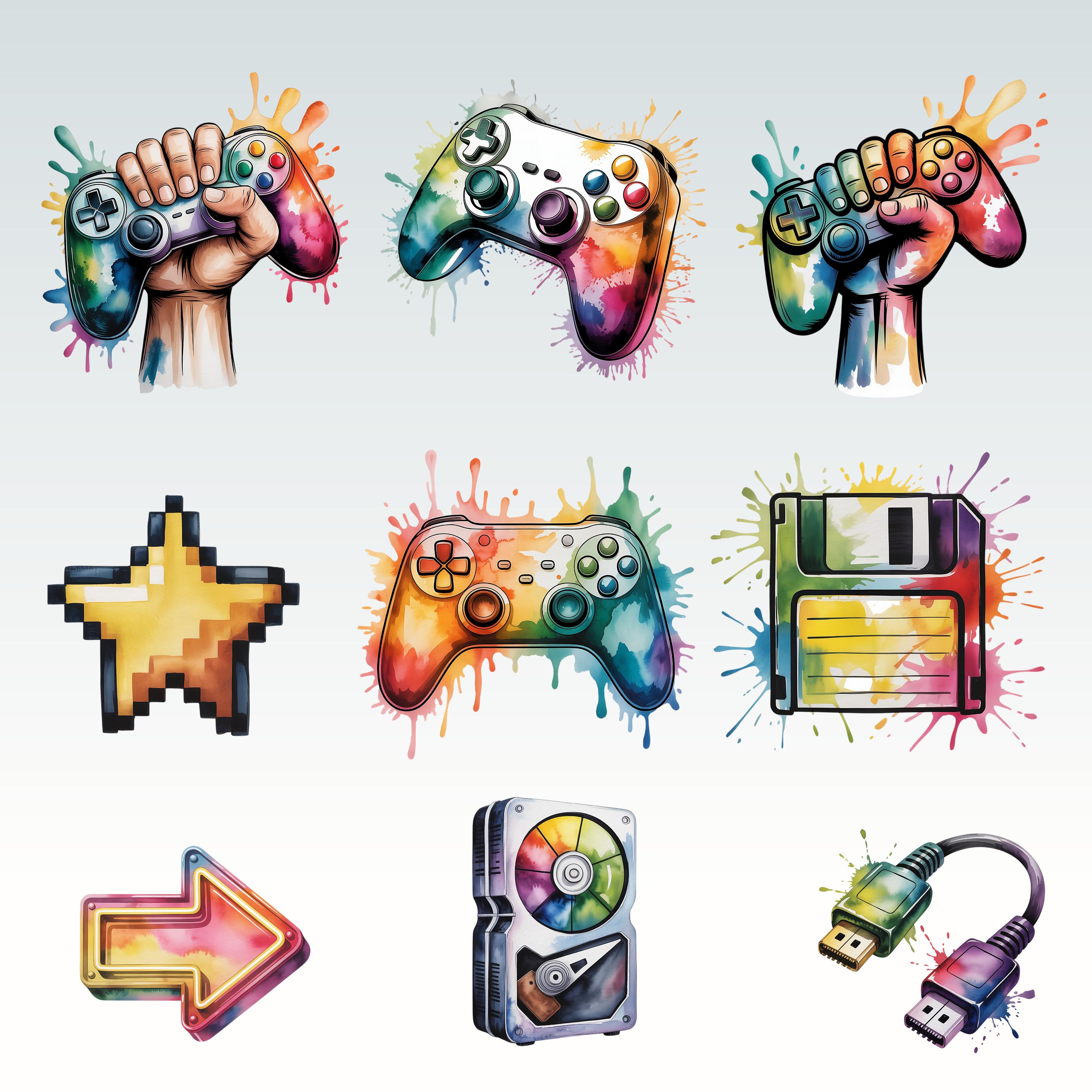 50 Gamer Watercolor Clipart Bundle, Gaming PNG Set With Paint Splashes ...