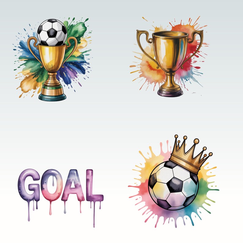 May include: Watercolor illustrations of soccer-themed elements. Includes a soccer ball atop a gold trophy, a gold trophy, the word "GOAL" in dripping letters, and a soccer ball wearing a gold crown, all against colorful paint splatters.
