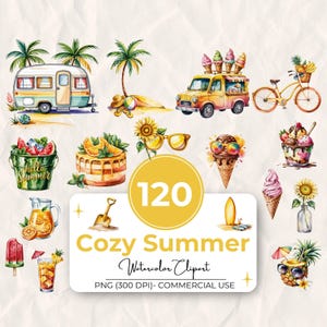 Conjunto de 120 imágenes prediseñadas de acuarela de verano acogedor, paquete PNG de vibraciones de verano, imágenes PNG de playa de verano, imágenes PNG de girasoles de verano, uso comercial