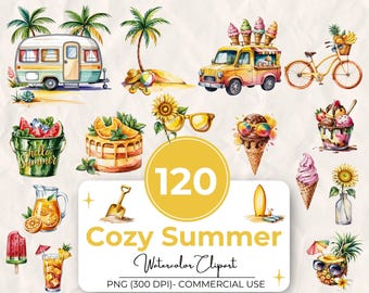 120 Watercolor Cozy Summer Clipart Set, Summer Vibes PNG Bundle, Summer Beach Clipart PNG, Summer Sunflower PNG, Commercial Use