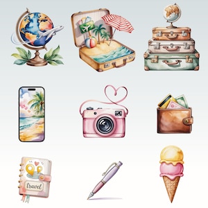 May include: Watercolor illustrations of travel-themed items. Includes a globe with a plane, a suitcase with a beach scene, stacked suitcases, a smartphone with a beach scene, a pink camera, a wallet with cash and cards, a travel journal, a pen, and an ice cream cone.