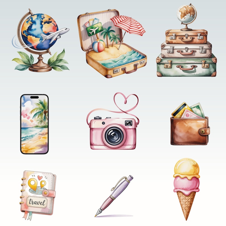 May include: Watercolor illustrations of travel-themed items. Includes a globe with a plane, a suitcase with a beach scene, stacked suitcases, a smartphone with a beach scene, a pink camera, a wallet with cash and cards, a travel journal, a pen, and an ice cream cone.