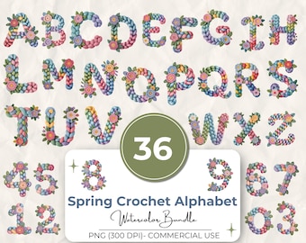 Alfabeto e numeri all'uncinetto primaverili, clipart, pacchetto PNG di lettere floreali in filato, ABC lavorato a maglia pastello 123, 300 DPI, uso commerciale