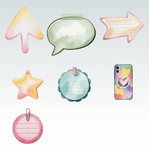 May include: Watercolor-style illustrations of various stationery items. Includes a yellow and pink arrow, a green speech bubble, a pink arrow, a yellow star, a blue scalloped circle, a phone case with a heart design, and a pink circle with a paperclip.