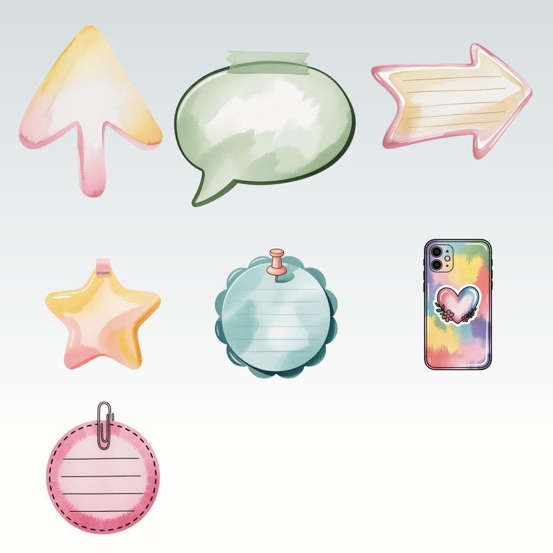 May include: Watercolor-style illustrations of various stationery items. Includes a yellow and pink arrow, a green speech bubble, a pink arrow, a yellow star, a blue scalloped circle, a phone case with a heart design, and a pink circle with a paperclip.