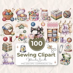 Op de afbeelding: Waterverf illustratie van een naai clipart bundel met diverse naai-instrumenten en benodigdheden, waaronder garen, knopen, scharen, naaimachines en stof. De afbeelding bevat de tekst "Sewing Clipart Watercolor Bundle".