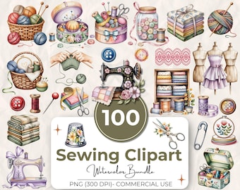 100 Vintage Sewing Watercolor Clipart, Floral Sewing Machine, Buttons, Tools PNG Bundle, Thread, Digital Art for Scrapbooking & DIY Project