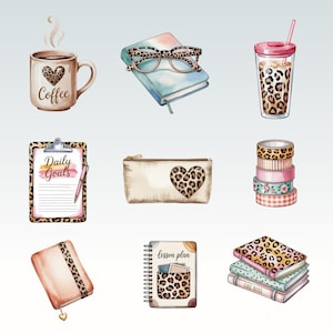 May include: A collection of stationery and accessories with a leopard print theme. Includes a coffee mug, glasses, a tumbler, a clipboard with "Daily Goals", a pencil case, decorative tape rolls, a notebook, and stacked books.