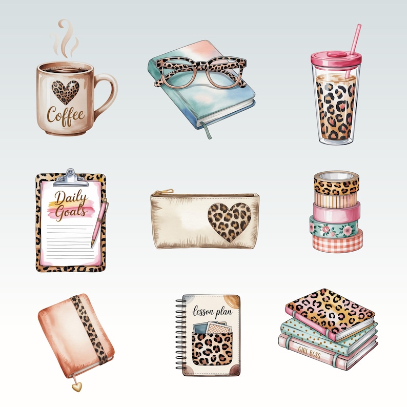 May include: A collection of stationery and accessories with a leopard print theme. Includes a coffee mug, glasses, a tumbler, a clipboard with "Daily Goals", a pencil case, decorative tape rolls, a notebook, and stacked books.