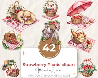 Pacchetto di 42 clipart per picnic con fragole, immagini PNG estive ad acquerello, cestino a quadretti rosa, bicicletta, ombrellone, cappello, grafica per dessert, uso commerciale