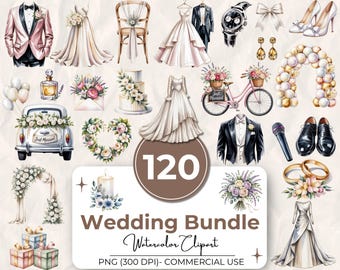 Paquete de 120 imágenes prediseñadas de boda en acuarela (300 DPI): pastel de boda, vestido de novia, flores de boda y anillos de boda.