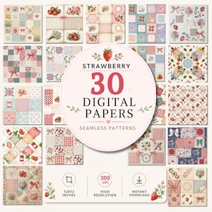 Può includere: Una collezione di 30 carte digitali con motivi senza cuciture di fragole, fiori, quadretti vichy e fiocchi nei toni del rosso, rosa, blu e crema. Il testo circolare centrale recita STRAWBERRY 30 DIGITAL PAPERS SEAMLESS PATTERNS.