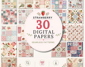 30 carte digitali Strawberry Cottagecore, motivi patchwork vintage senza soluzione di continuità, sfondi floreali a quadretti, carte estive per scrapbooking