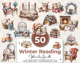 50 Clipart acquerello per la lettura invernale, pacchetto PNG per amanti dei libri accoglienti, sedie Hygge, grafica per caminetti e angoli di lettura innevati, uso commerciale