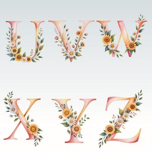 May include: Watercolor alphabet letters U, V, W, X, Y, and Z, each adorned with floral arrangements of sunflowers, daisies, and green leaves. The letters have a gradient color scheme, transitioning from peach to yellow.