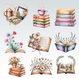 Puede incluir: Ilustraciones en acuarela de libros, tazas de caf&eacute; y flores. Una imagen muestra una pila de libros con una taza de t&eacute; encima. Otra muestra un libro abierto con flores. Las im&aacute;genes tienen una est&eacute;tica suave y rom&aacute;ntica.