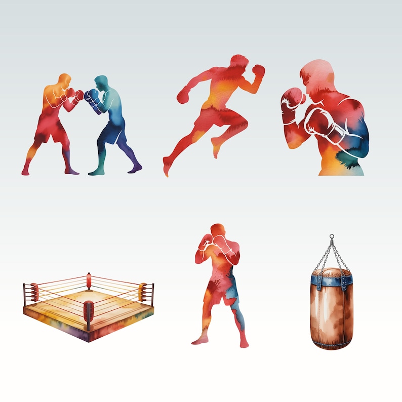 30 Boxing Clipart Watercolor Bundle, Boxing Gloves, Ring, Punching Bag ...