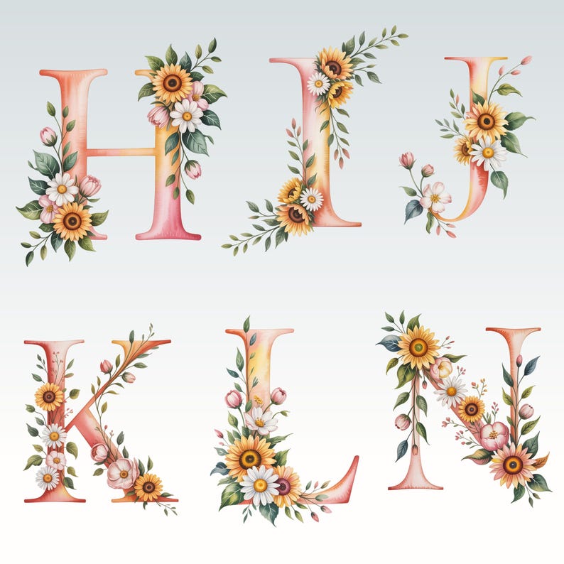 May include: Watercolor illustrations of the letters H, I, J, K, L, and N, each adorned with floral arrangements. The letters transition from a soft pink to a yellow hue, complemented by sunflowers, daisies, and green foliage.