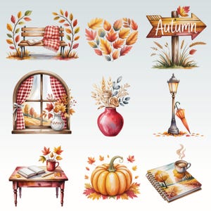 Pode incluir: Ilustra&ccedil;&otilde;es em aquarela de cenas de outono. Inclui um banco com uma manta e um livro, um cora&ccedil;&atilde;o feito de folhas, uma placa que diz "Autumn", uma janela com vista, um vaso com flores, um poste de luz com um guarda-chuva, uma mesa com um livro e uma caneca, uma ab&oacute;bora e um caderno com uma x&iacute;cara de caf&eacute;.