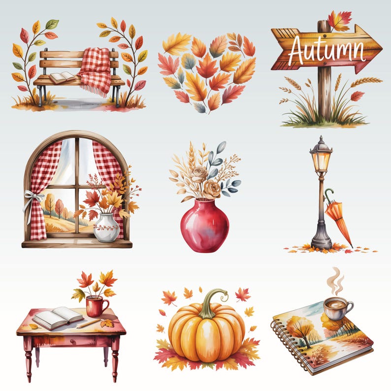 Pode incluir: Ilustra&ccedil;&otilde;es em aquarela de cenas de outono. Inclui um banco com uma manta e um livro, um cora&ccedil;&atilde;o feito de folhas, uma placa que diz "Autumn", uma janela com vista, um vaso com flores, um poste de luz com um guarda-chuva, uma mesa com um livro e uma caneca, uma ab&oacute;bora e um caderno com uma x&iacute;cara de caf&eacute;.