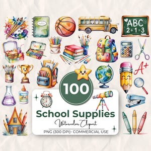 Lot de 100 fournitures scolaires aquarelle clipart, papeterie école Clipart PNG ensemble, clipart école pour les cours, clipart de la rentrée