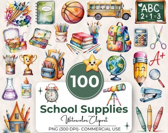 Pacchetto di 100 clipart acquerellate per materiale scolastico, set di clipart PNG per cancelleria scolastica, clipart scolastiche per le lezioni, clipart per il ritorno a scuola