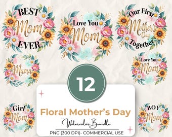 Pacchetto di 12 clipart floreali per la festa della mamma, citazioni per la mamma in formato PNG, disegni ad acquerello per mamma e nonna, la mamma migliore del mondo, mamma di una bambina, grafica POD, uso commerciale