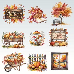Pode incluir: Ilustra&ccedil;&otilde;es em aquarela com temas de outono. Inclui uma placa de madeira com o texto "Autumn", uma cesta de ma&ccedil;&atilde;s, uma &aacute;rvore com um banco, ab&oacute;boras em uma carro&ccedil;a, cogumelos, uma placa com "Hello Autumn", ab&oacute;boras em um carrinho de m&atilde;o e uma cena de janela.