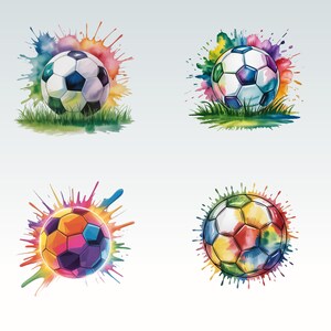 May include: Four watercolor illustrations of soccer balls. Each ball is white with black pentagons, surrounded by colorful paint splatters. Two balls rest on green grass, while the others float against a white background. The paint splatters are in various colors.