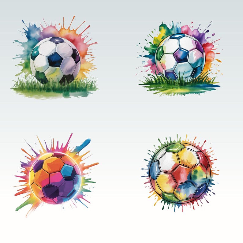 May include: Four watercolor illustrations of soccer balls. Each ball is white with black pentagons, surrounded by colorful paint splatters. Two balls rest on green grass, while the others float against a white background. The paint splatters are in various colors.