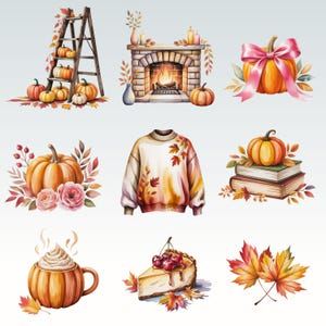 Pode incluir: Ilustra&ccedil;&otilde;es em aquarela com tema de outono. Inclui ab&oacute;boras, uma lareira, um su&eacute;ter com detalhes de folhas, uma pilha de livros com uma ab&oacute;bora, um latte de ab&oacute;bora, uma fatia de torta de cereja e folhas de outono.