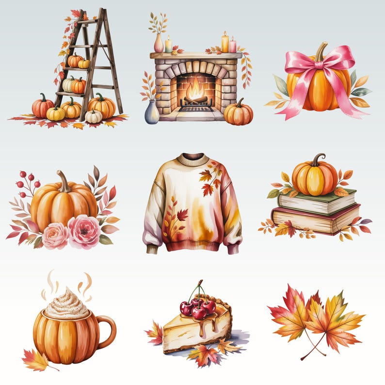 Pode incluir: Ilustra&ccedil;&otilde;es em aquarela com tema de outono. Inclui ab&oacute;boras, uma lareira, um su&eacute;ter com detalhes de folhas, uma pilha de livros com uma ab&oacute;bora, um latte de ab&oacute;bora, uma fatia de torta de cereja e folhas de outono.