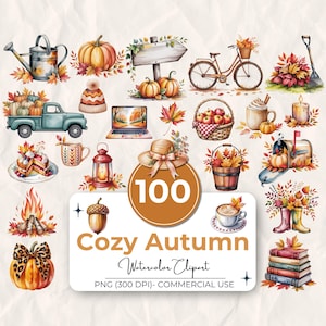 Puede incluir: Conjunto de imágenes prediseñadas de acuarela con ilustraciones de temática otoñal. Incluye calabazas, hojas, un camión, una bicicleta, un portátil, una cesta de manzanas, una taza de café, un sombrero, un buzón, una regadera, una hoguera y una pila de libros. El texto dice "Cozy Autumn".