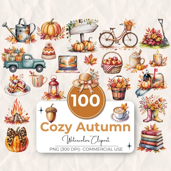 100 Watercolor Cozy Fall Clipart Bundle, Autumn Watercolor Clipart, Autumn Pumpkin Clipart, Autumn Leaves Clipart, Autumn Trees Clipart