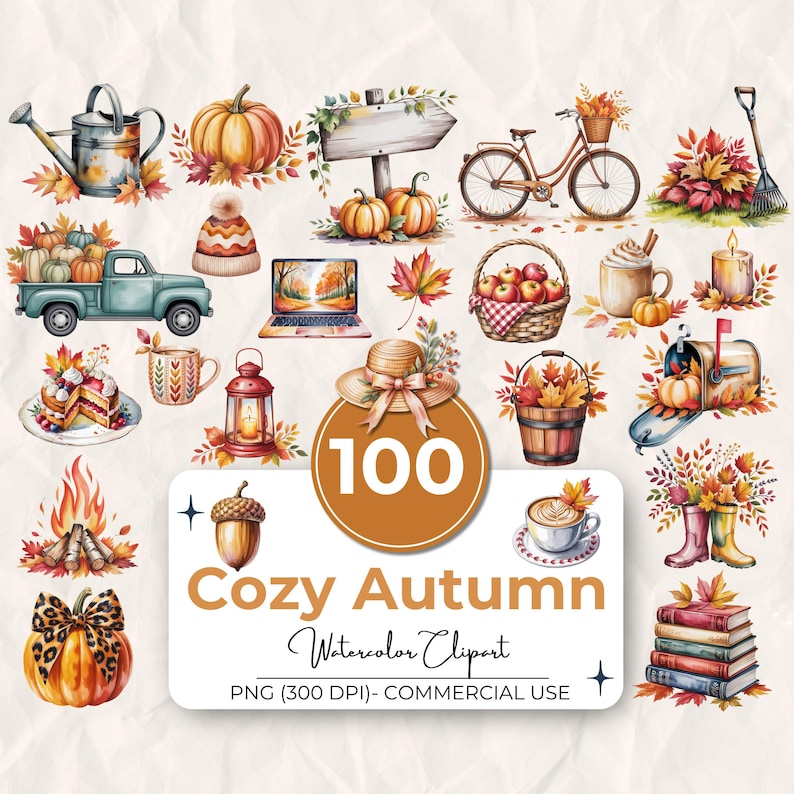 Pode incluir: Conjunto de cliparts em aquarela com ilustra&ccedil;&otilde;es com tema de outono. Inclui ab&oacute;boras, folhas, um caminh&atilde;o, uma bicicleta, um laptop, uma cesta de ma&ccedil;&atilde;s, uma x&iacute;cara de caf&eacute;, um chap&eacute;u, uma caixa de correio, um regador, uma fogueira e uma pilha de livros. O texto diz "Cozy Autumn".