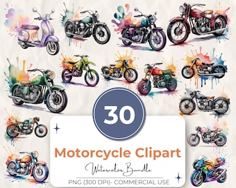 Pacchetto di 30 clipart di motociclette, motociclette ad acquerello PNG, set di motociclisti d'epoca, grafica di motociclette retrò, 300 dpi, uso commerciale