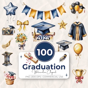 100 Clipart di laurea ad acquerello, Pacchetto Clipart di laurea, Clipart di laurea in formato PNG, Cappello di laurea in formato PNG, Laurea della classe del 2025 in formato PNG