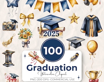 100 imagens de formatura em aquarela, pacote de imagens de formatura, imagens de formatura em PNG, chapéu de formatura em PNG, formatura da turma de 2025 em PNG