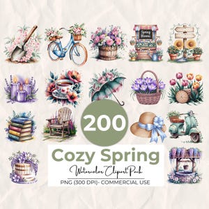 200 imágenes prediseñadas de primavera acogedoras en acuarela, imágenes prediseñadas de flores de acuarela de primavera, paquete de imágenes prediseñadas de primavera, imágenes prediseñadas de flores de primavera PNG, imágenes prediseñadas de primavera