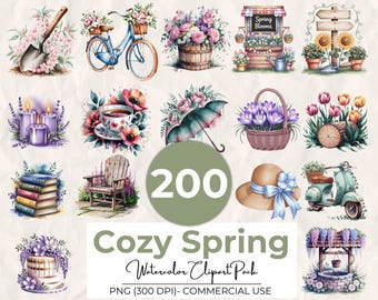 200 Watercolor Cozy Spring Clipart, Spring Watercolor Flower Clipart, Spring Clipart Bundle, Spring Flower Clipart PNG, Springtime Clipart