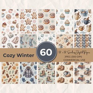 Peut inclure: Une collection de 60 motifs de papier numérique sans couture sur le thème de l'hiver douillet. Les motifs présentent des illustrations à l'aquarelle de bonhommes en pain d'épices, de tasses de chocolat chaud, de vêtements d'hiver et de pâtisseries. Le texte "Cozy Winter" et "60" sont visibles.