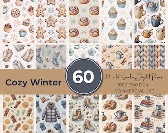 May include: A selection of 60 seamless digital paper designs with a cosy winter theme. The patterns feature watercolour illustrations of gingerbread men, mugs of hot cocoa, winter clothing, and baked goods. The text "Cozy Winter" and "60" are visible.