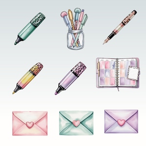 May include: An assortment of stationery items, including highlighters with leopard print accents, pens in a glass jar, a fountain pen, a planner, and three envelopes with heart-shaped closures. The items are in shades of pink, purple, and green.